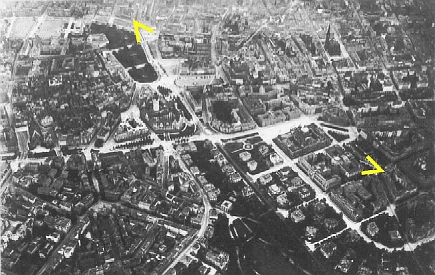 Birds-eye view from the west, black arrow indicating location of Hotel Hentschel above left